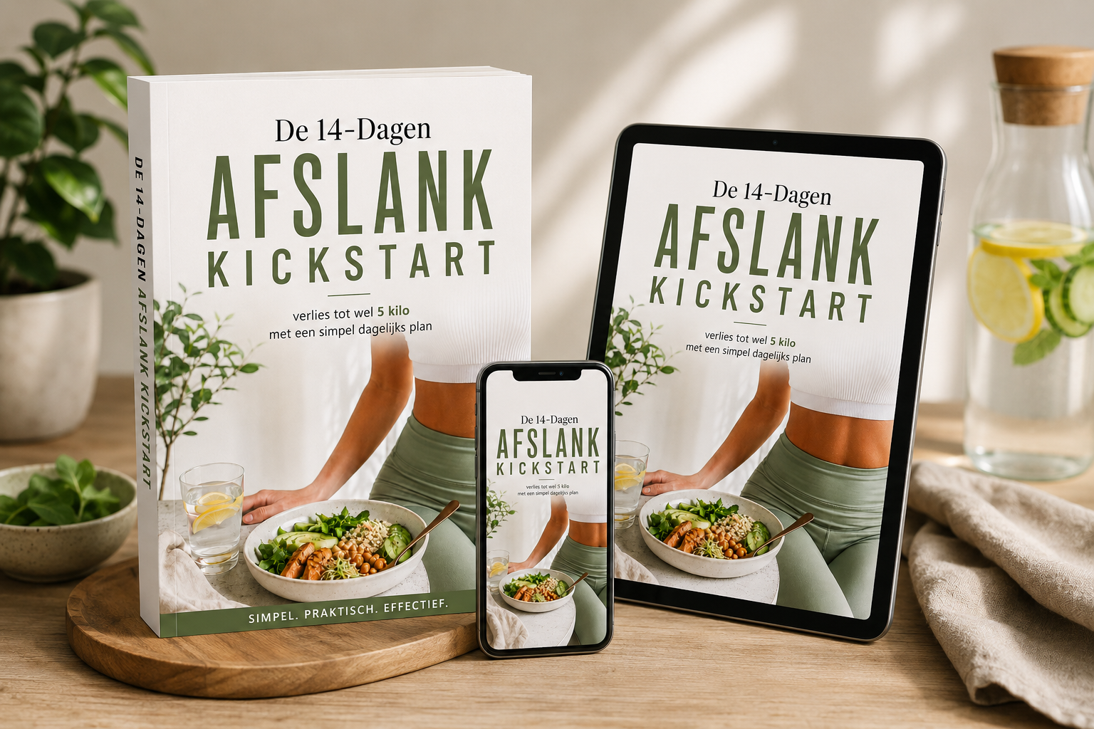 14 Dagen Afslank Kickstart mockup met ebook, tablet en telefoon